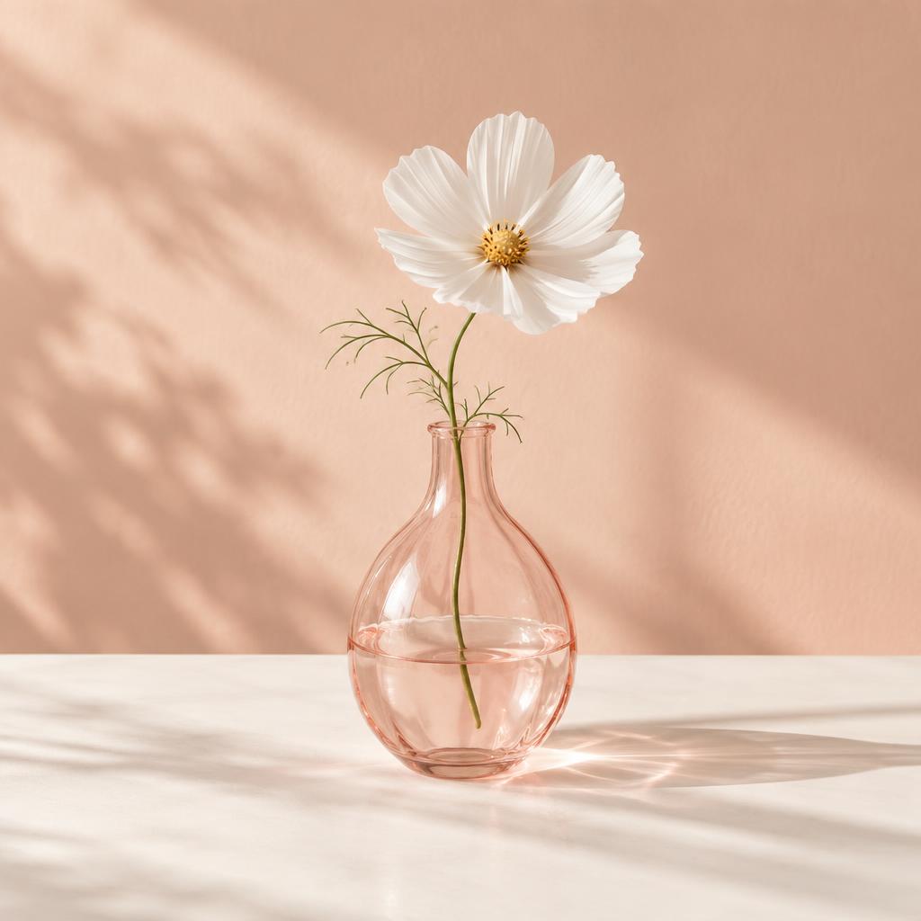 A white flower in a blush glass vase