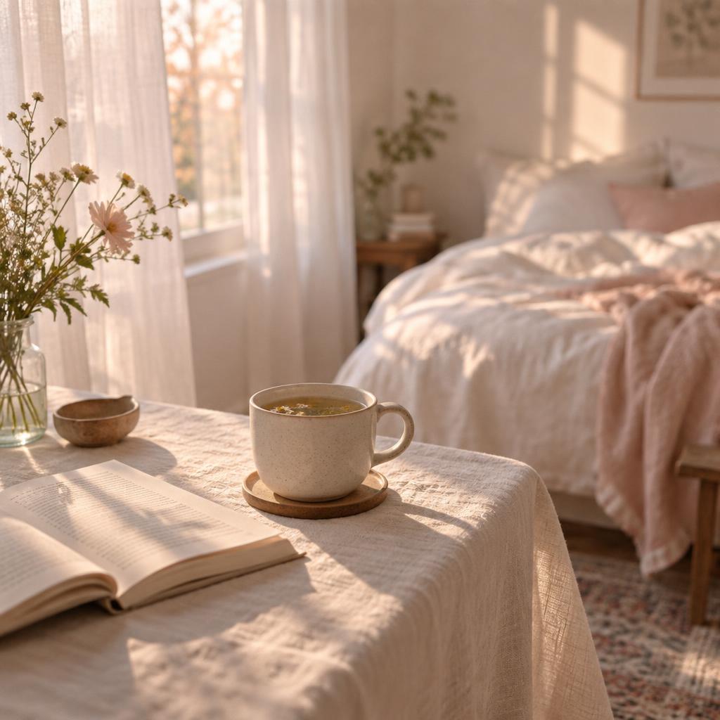 A cup of tea and an open book on a linen table in soft peach morning light